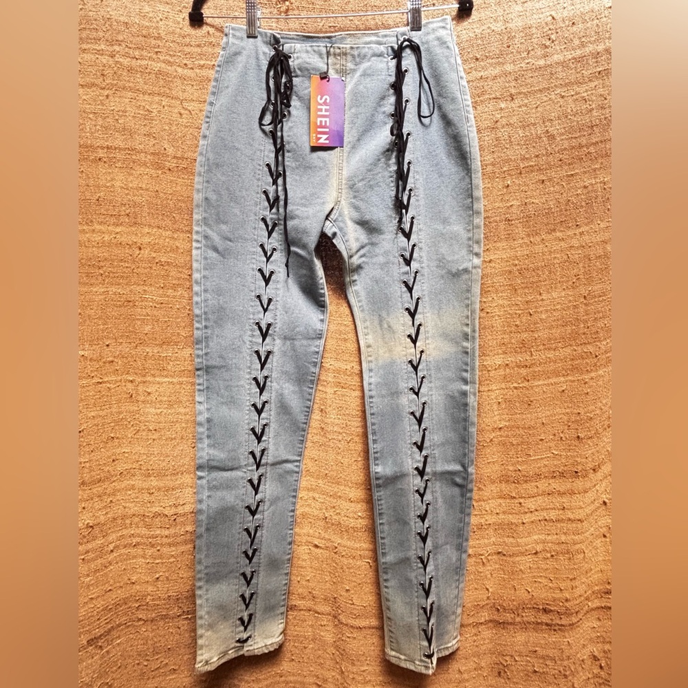 Shein Light Blue Jeans with Black Lace up feature centre front each leg
